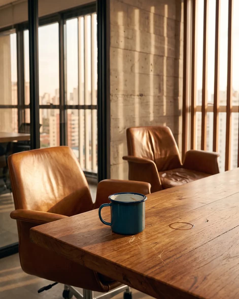 Sala de reunião vazia depois da conversa, com uma caneca esquecida sobre a mesa