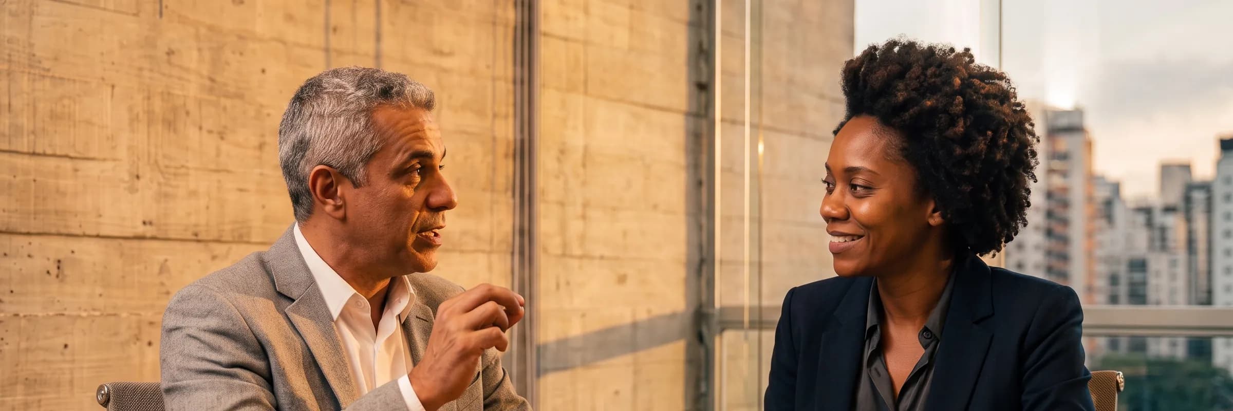 Duas pessoas conversando em uma sala de reunião, uma escutando a outra com atenção